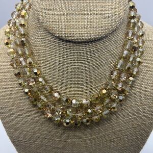 Golden AB Faceted 3-Stranded Crystal Bead Statement Necklace – Mid Century Glam